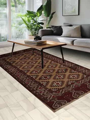 Tribal Patterned Bokhara Turkoman Rug in Warm Earthy Colors 5x11