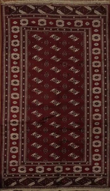 Rich Maroon Traditional Bokhara Turkoman Rug with Classic Geometric Design 7x13