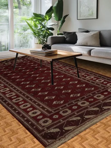 Rich Maroon Traditional Bokhara Turkoman Rug with Classic Geometric Design 7x13
