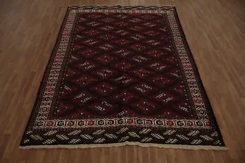 Elegant Geometric Pattern Bokhara Rug with Rich Maroon and Beige Accent 7x10