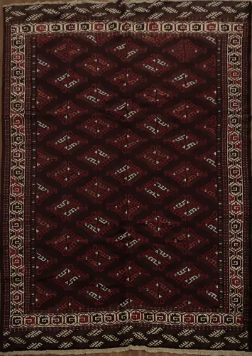 Elegant Geometric Pattern Bokhara Rug with Rich Maroon and Beige Accent 7x10