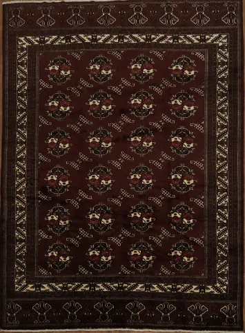 Traditional Border Design Bokhara Turkoman Rug in Deep Burgundy Shade 9x12