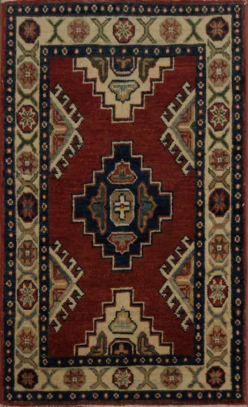 Elegant Red and Beige Geometric Kazak Foyer Rug 2x3