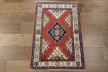 Elegant Red and Beige Geometric Kazak Foyer Rug 2x3