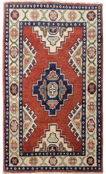 Elegant Red and Beige Geometric Kazak Foyer Rug 2x3
