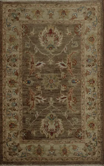 Handmade Traditional Brown and Green Rug with Elegant Floral Designs 2x3
