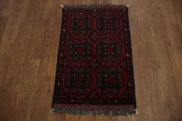Deep Red Balouch Afghan Accent Rug with Unique Bold Patterns for Home 1x2
