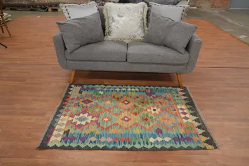 Bold Multicolored Kilim Wool Rug 4x5