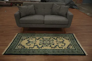 Chic Blue and Beige Art Deco Chinese Rug Featuring Detailed Geometric Design 3x6