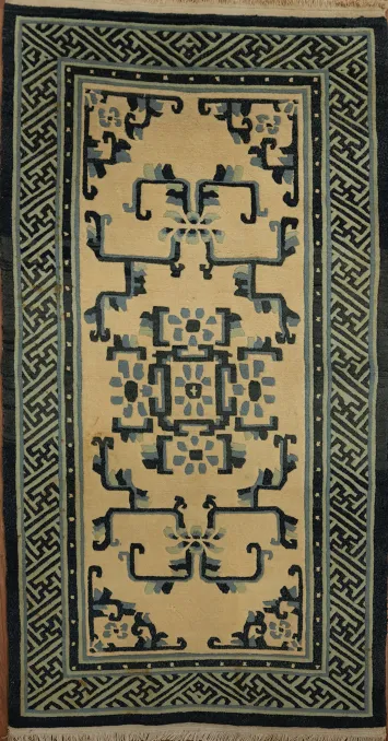 Chic Blue and Beige Art Deco Chinese Rug Featuring Detailed Geometric Design 3x6