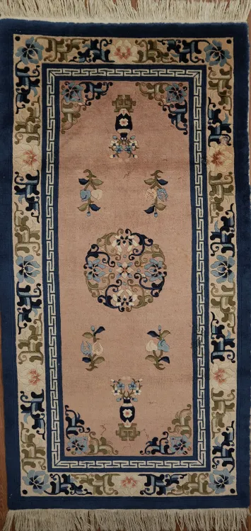 Pink and Navy Art Deco Chinese Rug 3x6