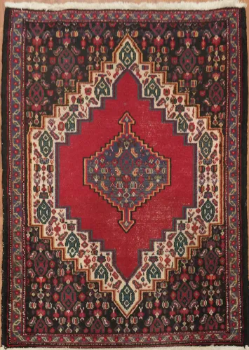 Vintage Geometric Design Senneh Bidjar Persian Rug with Bold Red Centerpiece 2x3