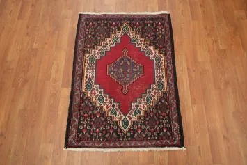 Vintage Geometric Design Senneh Bidjar Persian Rug with Bold Red Centerpiece 2x3