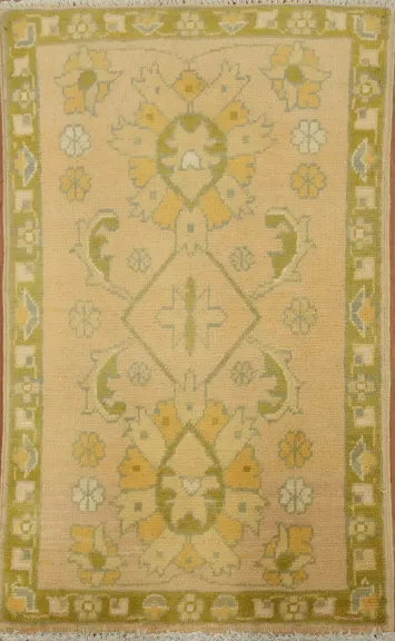 Muted Peach and Green Oushak Turkish Rug 2x3