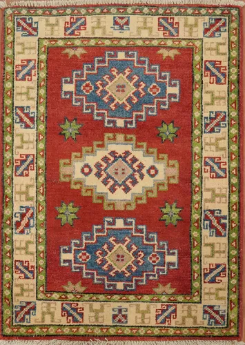 Red, Blue, and Green Handmade Kazak Foyer Rug 2x3