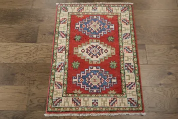 Red, Blue, and Green Handmade Kazak Foyer Rug 2x3