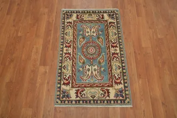Light Blue Red Geometric Kazak Foyer Rug 2x3
