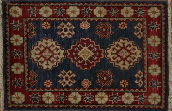 Traditional Navy and Red Geometric Patterned Kazak Rug 2x3