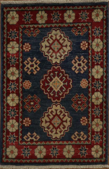 Traditional Navy and Red Geometric Patterned Kazak Rug 2x3