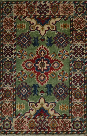 Vibrant Green and Red Kazak Oriental Rug 2x3