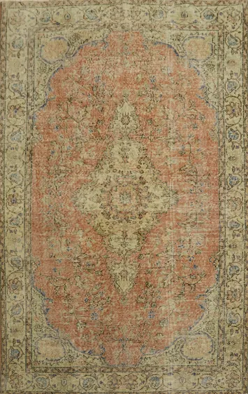 Wool Distressed Floral Turkish Area Rug 6x9