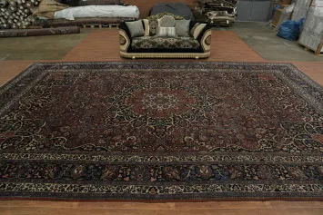 Pre-1900 Antique Vegetable Dye Mashad Persian Large Rug 14x23