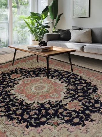 Luxurious Traditional Black & Salmon Tabriz Persian Rug 10x13