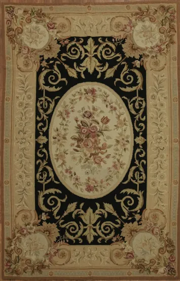 Luxurious Black Aubusson Tapestries Chinese Rug 4x6