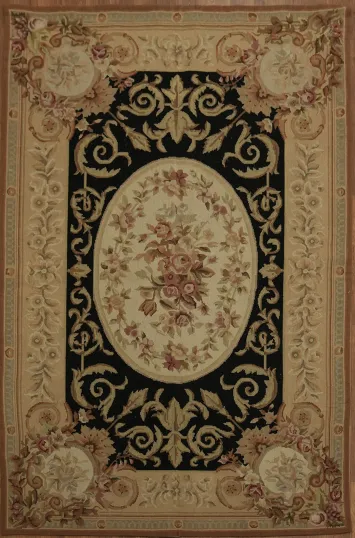 Black Victorian Style Aubusson Tapestry Needlepoint Chinese Rug 4x6