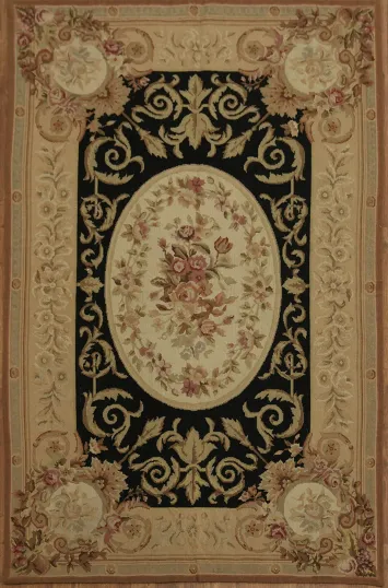 Black Victorian Style Aubusson Tapestry Chinese Area Rug 4x6