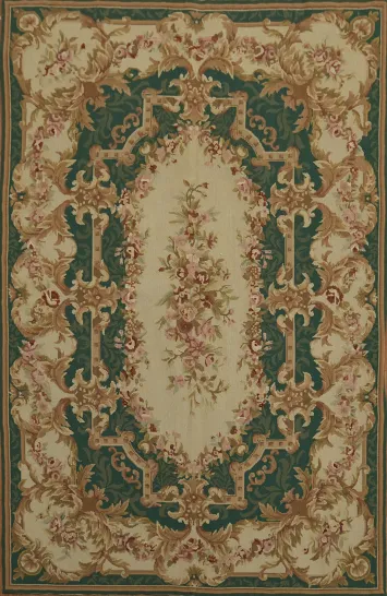 Green Floral Aubusson Tapestry Needlepoint Chinese Rug 4x6