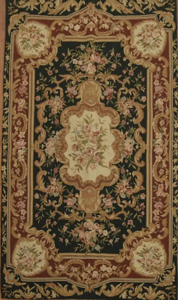 Floral Black Aubusson Tapestries Chinese Rug 3x5