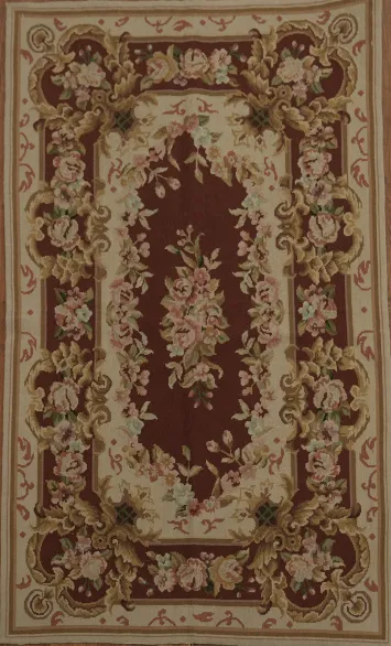 Sophisticated Burgundy and Cream Aubusson Tapestry Chinese Rug 3x5