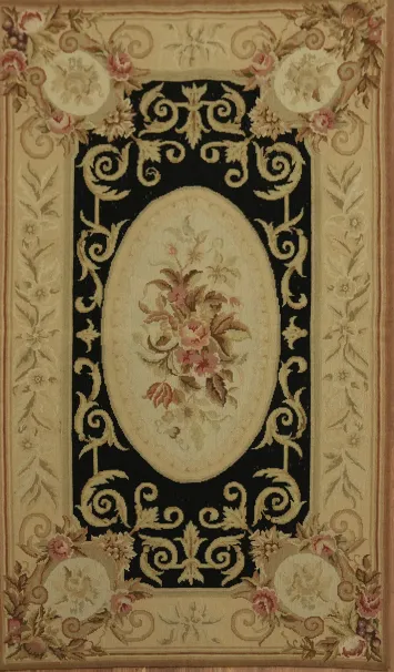 Classic Floral Black Aubusson Elegance Rug with Intricate Scrollwork 3x5