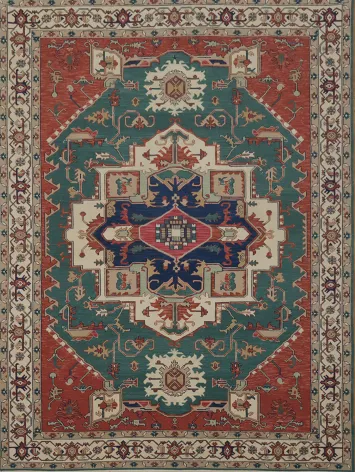 Geometric Bold Green and Rust Heriz Serapi Large Rug 9x12