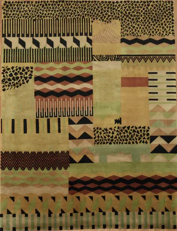 Modern Geometric Nepalese Rug Featuring Unique Patchwork Motifs 9x12