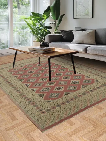 Elegant Geometric Rose Pink Bokhara Pakistani Area Rug 6x9