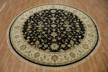Exquisite Black Round Rug Artfully Displaying Detailed Floral Motifs 8x8 ft