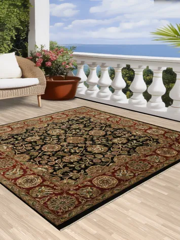 Elegant Black and Burgundy Agra Floral Patterned Square Rug 8x8