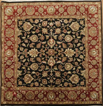 Black and Burgundy Agra Floral Patterned Square Rug 8x8