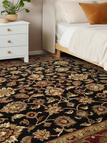 Black and Burgundy Agra Floral Patterned Square Rug 8x8