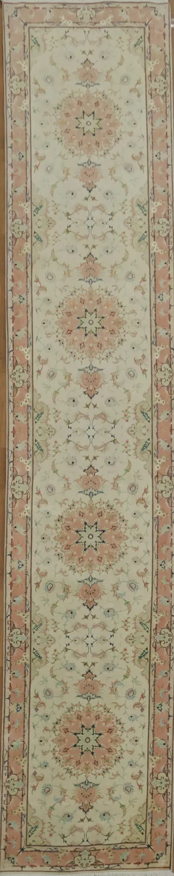 Elegant Ivory and Salmon Fine Tabriz Persian Runner Rug 3x13
