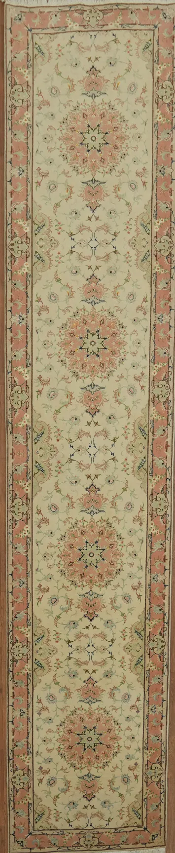 Ivory and Salmon Fine Tabriz Persian Runner Rug 3x13