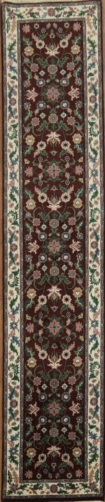 Elegant Floral Burgundy Kashan Runner Rug with Traditional Color Palette 3x12