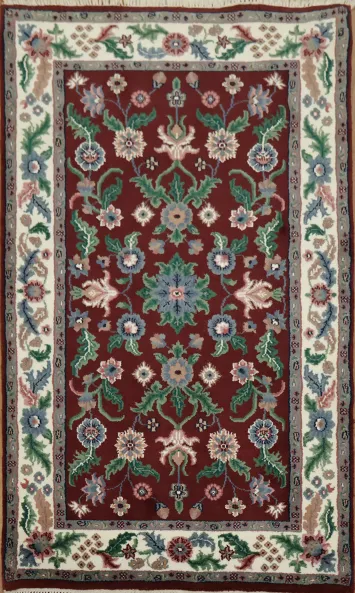 Traditional Floral Area Rug with Rich Burgundy and Green Accents 3x5