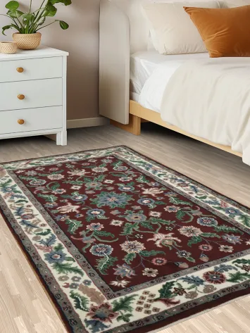 Traditional Floral Area Rug with Rich Burgundy and Green Accents 3x5