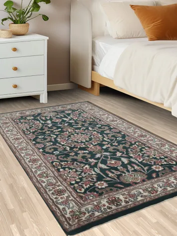 Floral Forest Green Traditional Indian Wool Rug 3x5