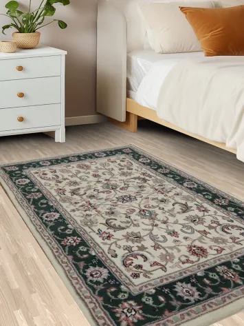 Traditional Floral Ivory with Green Border Kashan Foyer Rug 3x5