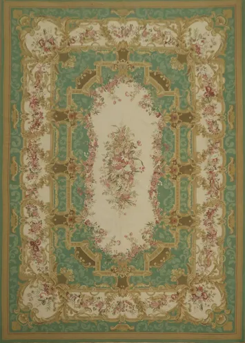 Victorian-Inspired  Large Aubusson Tapestries Rug with Symmetrical Floral Arrangements 10x14