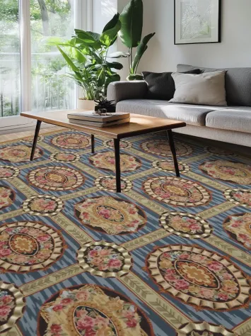 Elegant Geometric Aubusson Tapestry Chinese Area Rug 9x12